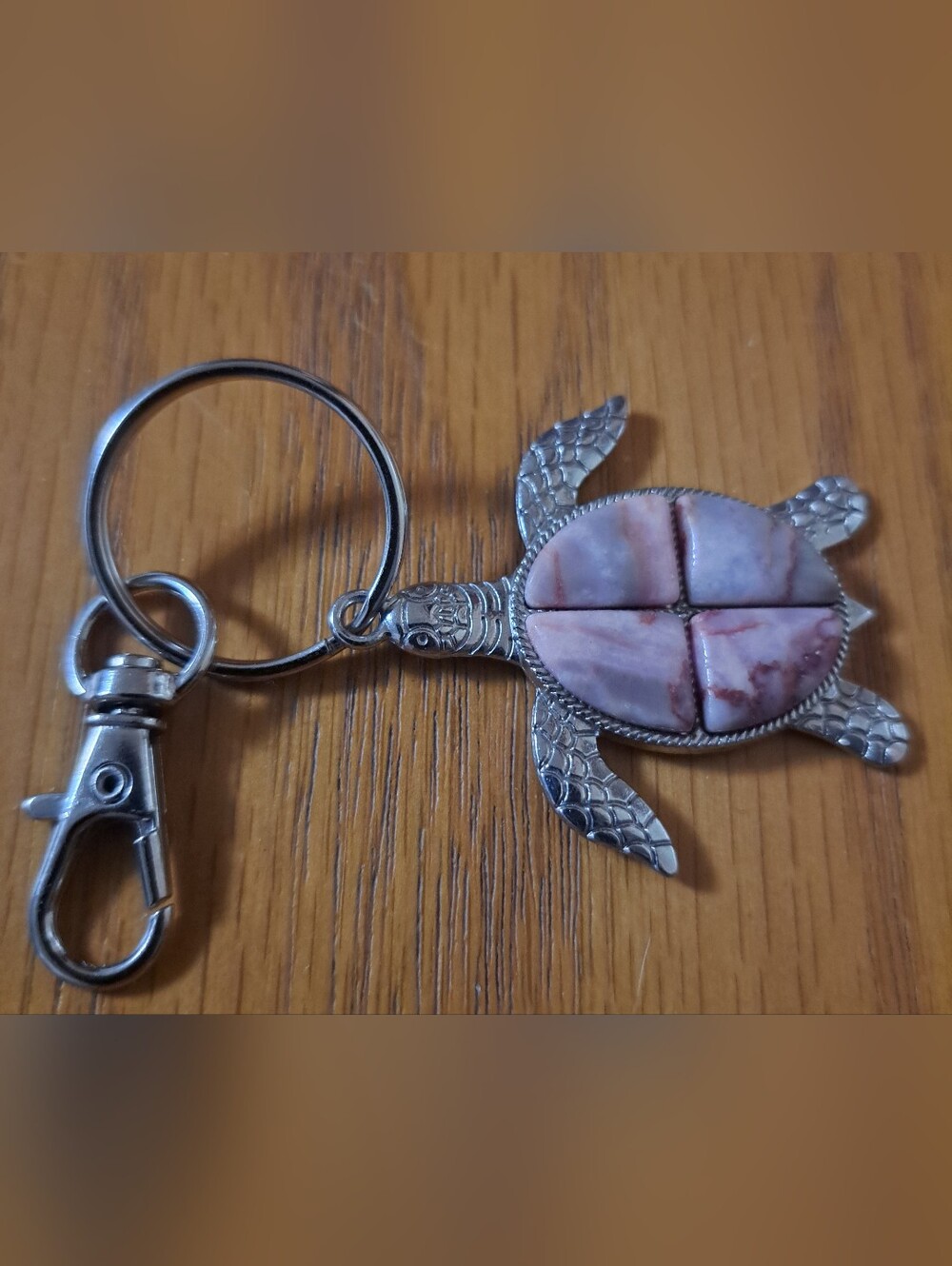 Rhodochrosite Cabachon Sea Turtle Key Chain/ Bag Charm/ Zipper Pull Silvertone